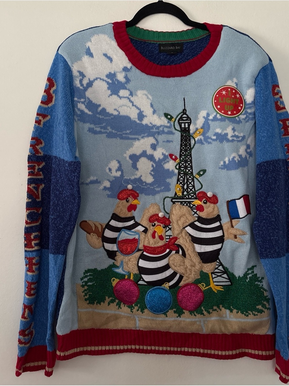 Men’s Ugly Christmas Sweater Paris Chicken 3 French Hens Eiffel Tower
